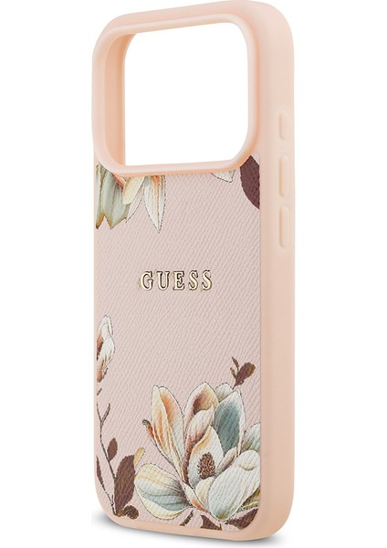 iPhone 17 Pro Uyumlu Kılıf Guess Lisanslı M-Safeli Taneli Çiçek Tasarımlı Metal Yazı Logolu Pembe