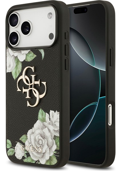 iPhone 17 Pro Max Uyumlu Kılıf Guess Orjinal Lisanslı Gül Baskılı Büyük Metal Logolu Kapak Siyah