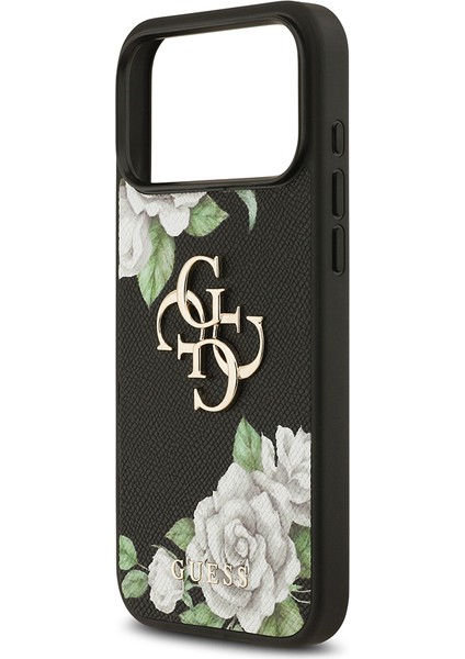 iPhone 17 Pro Max Uyumlu Kılıf Guess Orjinal Lisanslı Gül Baskılı Büyük Metal Logolu Kapak Siyah