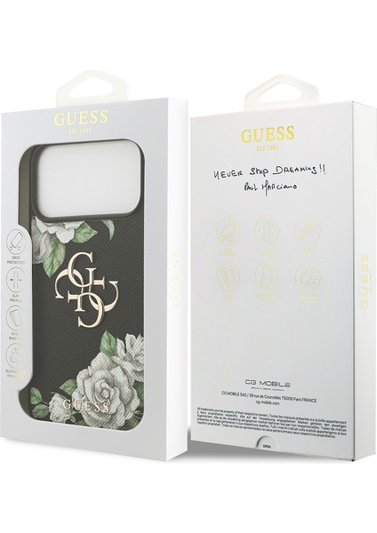 iPhone 17 Pro Max Uyumlu Kılıf Guess Orjinal Lisanslı Gül Baskılı Büyük Metal Logolu Kapak Siyah