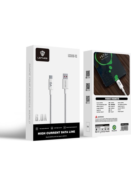 LC518 Usb-A To Type-C 6A Örgü Tasarımlı Hızlı Şarj Özellikli Data ve Şarj Kablosu 66W 1m Gri