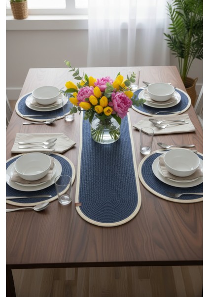 Jutty Hasır Görünümlü 5 Parça Jüt Masa Takımı Düz Krem Lacivert 4’lü Amerikan Servis Supla 1 Runner