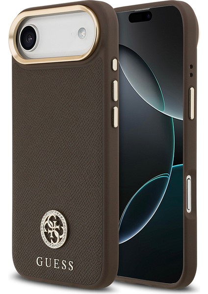iPhone 17 Air Uyumlu Kılıf Guess Lisanslı M-Safeli Grained Yazı ve Taşlı 4g Logolu Kapak Kahverengi