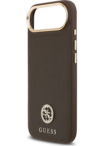 iPhone 17 Air Uyumlu Kılıf Guess Lisanslı M-Safeli Grained Yazı ve Taşlı 4g Logolu Kapak Kahverengi