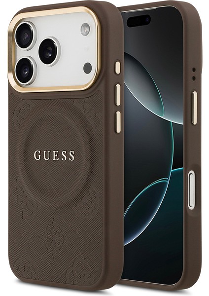 iPhone 17 Pro Uyumlu Kılıf Guess Lisanslı M-Safeli Sıcak Baskı Yazı Logolu Pu Deri Peony Kahverengi
