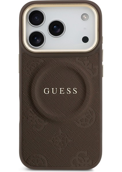 iPhone 17 Pro Uyumlu Kılıf Guess Lisanslı M-Safeli Sıcak Baskı Yazı Logolu Pu Deri Peony Kahverengi modelleri