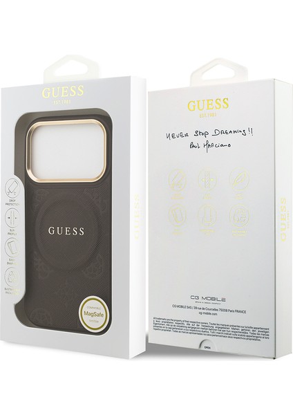 iPhone 17 Pro Uyumlu Kılıf Guess Lisanslı M-Safeli Sıcak Baskı Yazı Logolu Pu Deri Peony Kahverengi