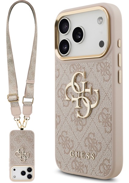 iPhone 17 Pro Uyumlu Kılıf Guess Orjinal Lisanslı 4g Büyük Metal Logolu Kalın Askılı Kapak Pembe