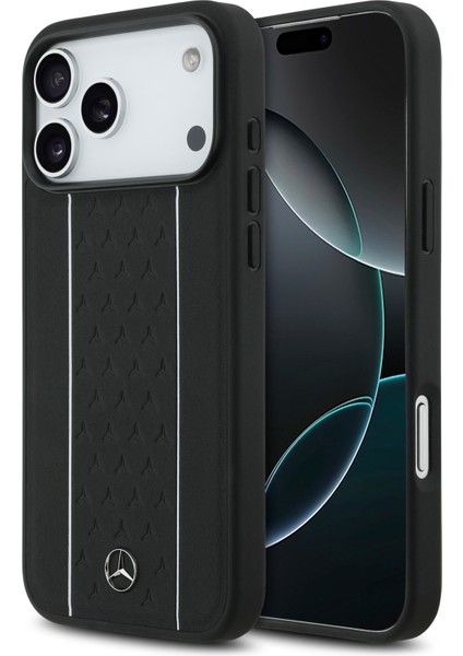 iPhone 17 Pro Max Kılıf Mercedes Benz M-Safeli Şeritli Yıldız Desenli Metal Logolu Deri Kapak Siyah