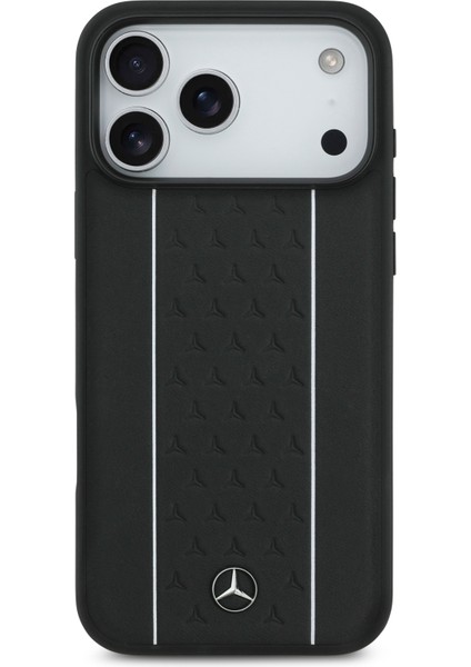 iPhone 17 Pro Max Kılıf Mercedes Benz M-Safeli Şeritli Yıldız Desenli Metal Logolu Deri Kapak Siyah modelleri