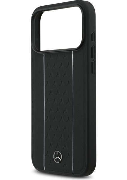 iPhone 17 Pro Max Kılıf Mercedes Benz M-Safeli Şeritli Yıldız Desenli Metal Logolu Deri Kapak Siyah