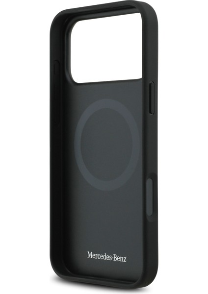 iPhone 17 Pro Max Kılıf Mercedes Benz M-Safeli Şeritli Yıldız Desenli Metal Logolu Deri Kapak Siyah