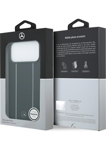 iPhone 17 Pro Max Kılıf Mercedes Benz M-Safeli Şeritli Yıldız Desenli Metal Logolu Deri Kapak Siyah