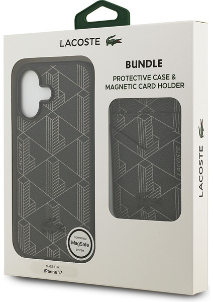 iPhone 17 Uyumlu Kılıf Lacoste Lisanslı M-Safeli Pu Deri Kartlıklı Karışık Monogram Desenli Siyah