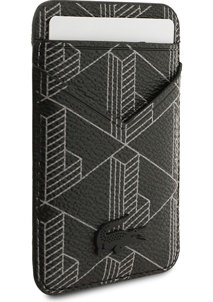 iPhone 17 Uyumlu Kılıf Lacoste Lisanslı M-Safeli Pu Deri Kartlıklı Karışık Monogram Desenli Siyah