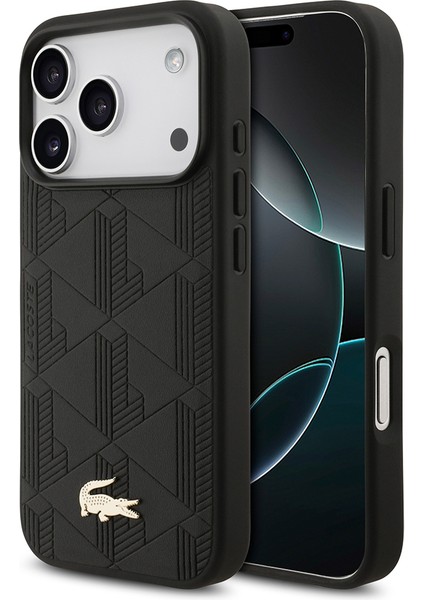 iPhone 17 Pro Uyumlu Kılıf Lacoste Lisanslı M-Safeli Pu Deri Karışık Monogram Desenli Kapak Siyah