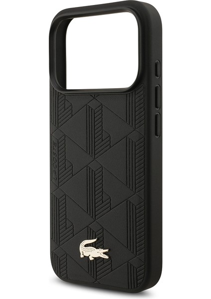 iPhone 17 Pro Uyumlu Kılıf Lacoste Lisanslı M-Safeli Pu Deri Karışık Monogram Desenli Kapak Siyah