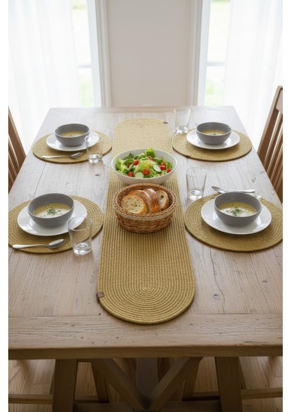 Jutty Hasır Görünümlü 5 Parça Jüt Masa Takımı Düz Natural – 4’lü Amerikan Servis Supla + 1 Runner