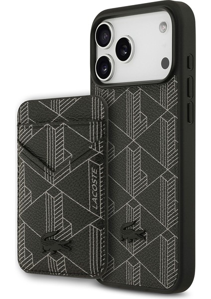 iPhone 17 Pro Max Kılıf Lacoste Lisanslı M-Safeli Pu Deri Kartlıklı Karışık Monogram Desenli Siyah