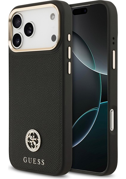 iPhone 17 Pro Max Uyumlu Kılıf Guess Lisanslı M-Safeli Grained Yazı ve Taşlı 4g Logolu Kapak Siyah