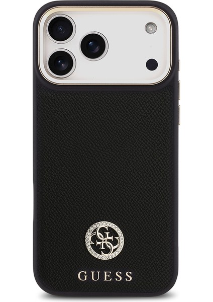 iPhone 17 Pro Max Uyumlu Kılıf Guess Lisanslı M-Safeli Grained Yazı ve Taşlı 4g Logolu Kapak Siyah modelleri