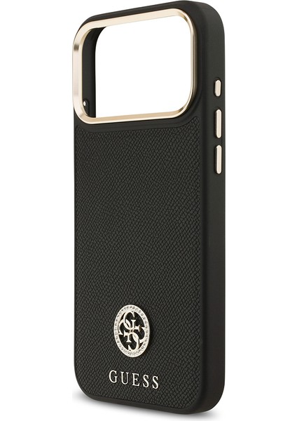 iPhone 17 Pro Max Uyumlu Kılıf Guess Lisanslı M-Safeli Grained Yazı ve Taşlı 4g Logolu Kapak Siyah