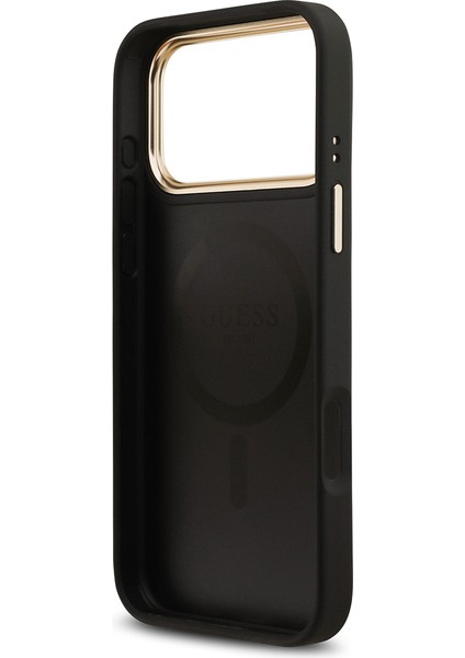 iPhone 17 Pro Max Uyumlu Kılıf Guess Lisanslı M-Safeli Grained Yazı ve Taşlı 4g Logolu Kapak Siyah