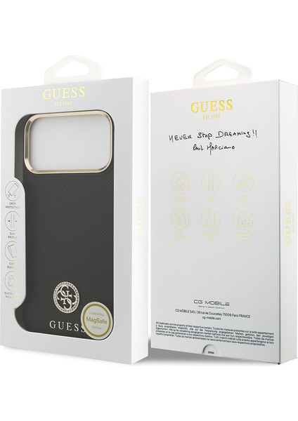 iPhone 17 Pro Max Uyumlu Kılıf Guess Lisanslı M-Safeli Grained Yazı ve Taşlı 4g Logolu Kapak Siyah