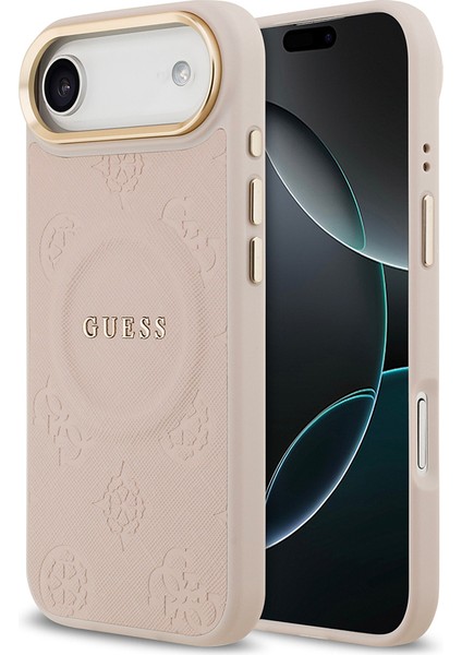 iPhone 17 Air Uyumlu Kılıf Guess Lisanslı M-Safeli Sıcak Baskılı Yazı Logolu Pu Deri Peony Pembe