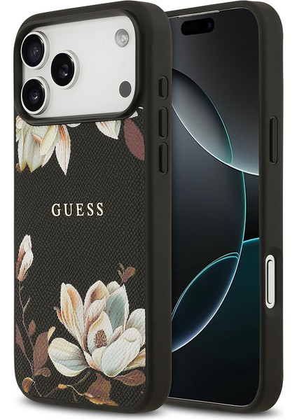 iPhone 17 Pro Max Uyumlu Kılıf Guess Lisanslı M-Safeli Taneli Çiçek Tasarım Metal Yazı Logolu Siyah