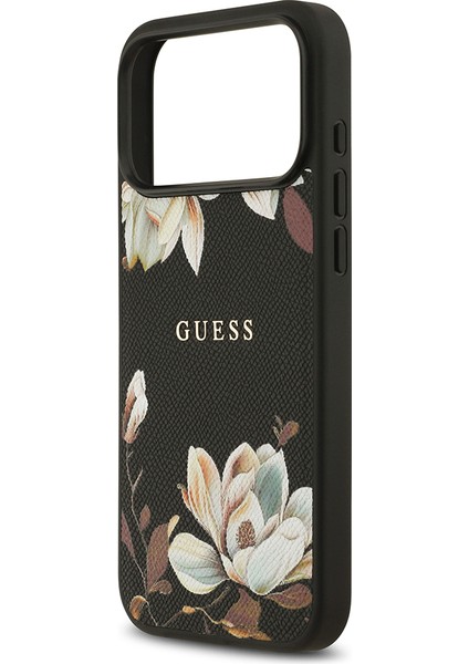 iPhone 17 Pro Max Uyumlu Kılıf Guess Lisanslı M-Safeli Taneli Çiçek Tasarım Metal Yazı Logolu Siyah