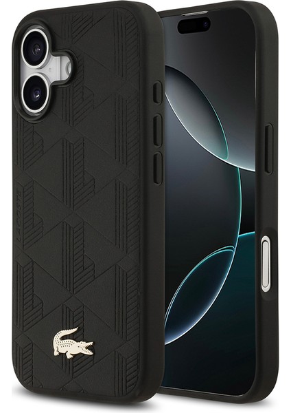 iPhone 17 Uyumlu Kılıf Lacoste Lisanslı M-Safeli Pu Deri Karışık Monogram Desenli Kapak Siyah