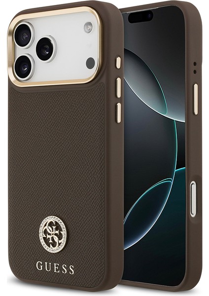iPhone 17 Pro Max Uyumlu Kılıf Guess Lisanslı M-Safeli Grained Yazı ve Taşlı 4g Logolu Kahverengi