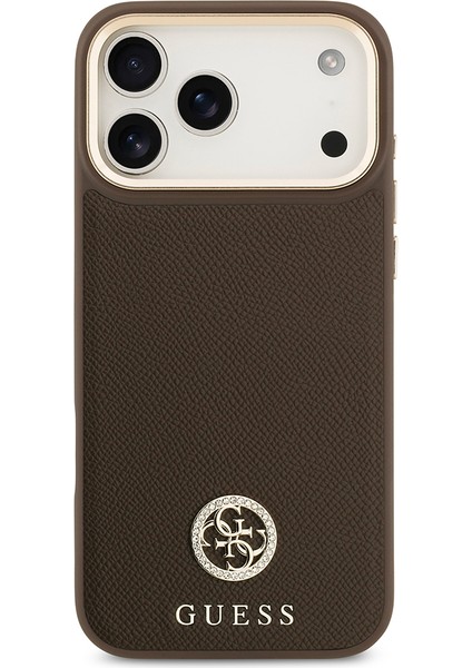iPhone 17 Pro Max Uyumlu Kılıf Guess Lisanslı M-Safeli Grained Yazı ve Taşlı 4g Logolu Kahverengi modelleri