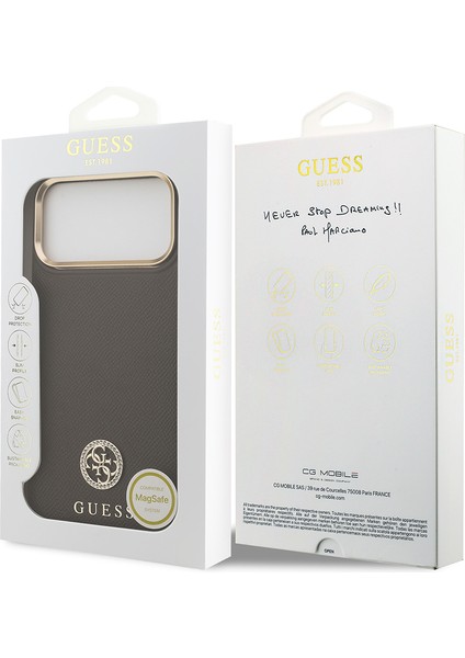 iPhone 17 Pro Max Uyumlu Kılıf Guess Lisanslı M-Safeli Grained Yazı ve Taşlı 4g Logolu Kahverengi