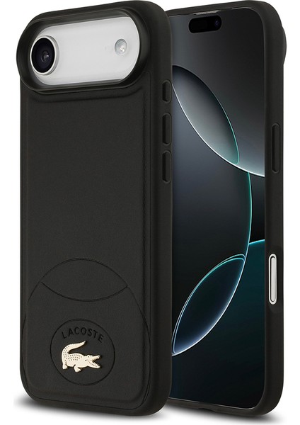 iPhone 17 Air Uyumlu Kılıf Lacoste Lisanslı M-Safe Şarj Özellikli Pu Deri Metal Logolu Kapak Siyah