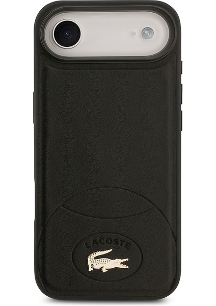iPhone 17 Air Uyumlu Kılıf Lacoste Lisanslı M-Safe Şarj Özellikli Pu Deri Metal Logolu Kapak Siyah modelleri