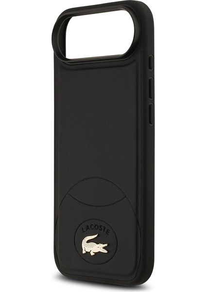 iPhone 17 Air Uyumlu Kılıf Lacoste Lisanslı M-Safe Şarj Özellikli Pu Deri Metal Logolu Kapak Siyah