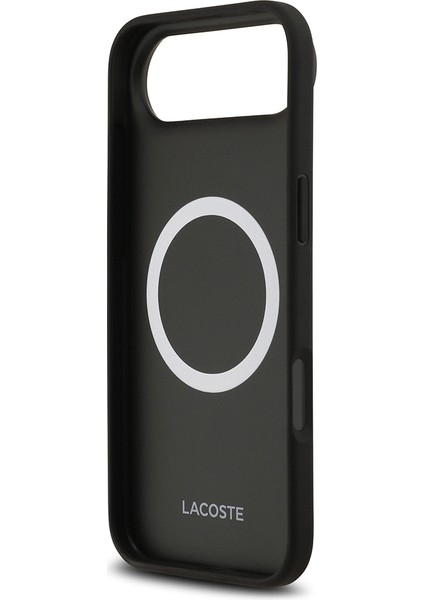 iPhone 17 Air Uyumlu Kılıf Lacoste Lisanslı M-Safe Şarj Özellikli Pu Deri Metal Logolu Kapak Siyah