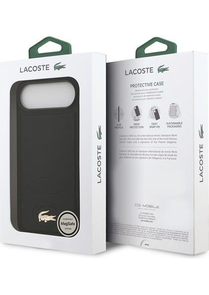 iPhone 17 Air Uyumlu Kılıf Lacoste Lisanslı M-Safe Şarj Özellikli Pu Deri Metal Logolu Kapak Siyah