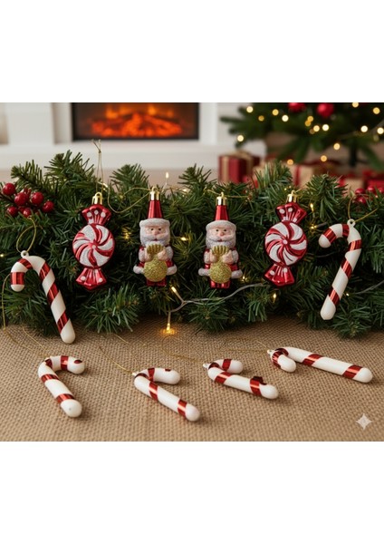 Yılbaşı Noel Babalı Şeker 6 Lı Baston 2 Li Çam Ağacı Süs Set