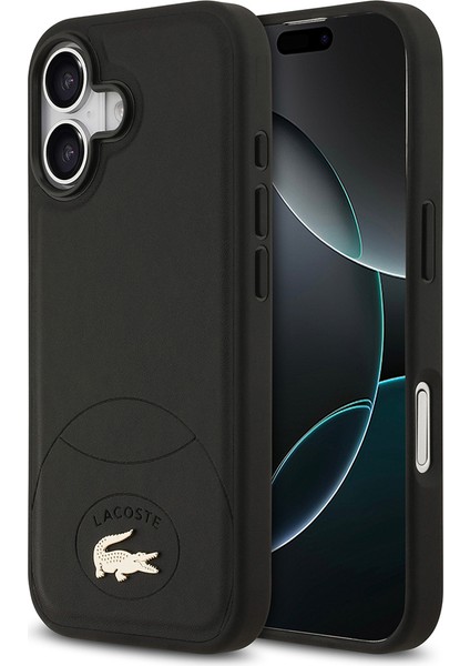 iPhone 17 Uyumlu Kılıf Lacoste Lisanslı M-Safe Şarj Özellikli Pu Deri Metal Logolu Kapak Siyah