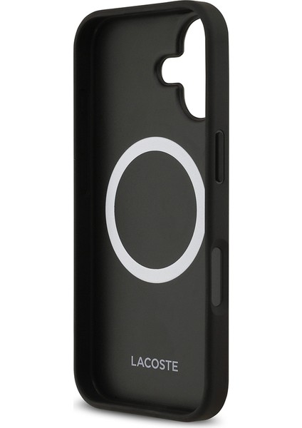 iPhone 17 Uyumlu Kılıf Lacoste Lisanslı M-Safe Şarj Özellikli Pu Deri Metal Logolu Kapak Siyah