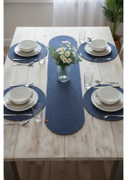 Jutty Hasır Görünümlü 5 Parça Jüt Masa Takımı Düz Lacivert – 4’lü Amerikan Servis Supla + 1 Runner