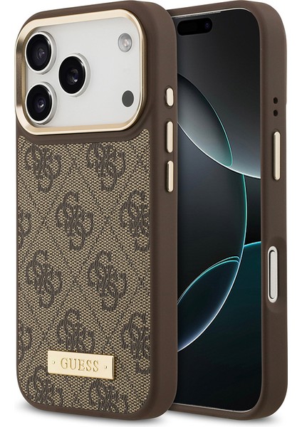 iPhone 17 Pro Uyumlu Kılıf Guess Lisanslı M-Safeli 4g Desen Pu Metal Plaka Klasik Logolu Kahverengi