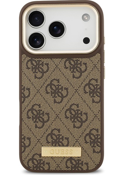 iPhone 17 Pro Uyumlu Kılıf Guess Lisanslı M-Safeli 4g Desen Pu Metal Plaka Klasik Logolu Kahverengi modelleri
