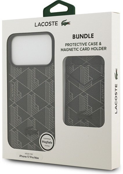 iPhone 17 Pro Max Kılıf Lacoste Lisanslı M-Safeli Pu Deri Kartlıklı Karışık Monogram Desenli Siyah