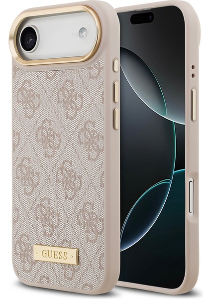 iPhone 17 Air Uyumlu Kılıf Guess Lisanslı M-Safeli 4g Desenli Pu Metal Plaka Klasik Logolu Pembe