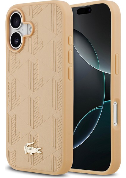 iPhone 17 Uyumlu Kılıf Lacoste Lisanslı M-Safeli Pu Deri Karışık Monogram Desenli Kapak Bej