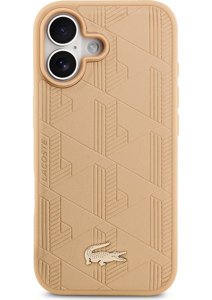 iPhone 17 Uyumlu Kılıf Lacoste Lisanslı M-Safeli Pu Deri Karışık Monogram Desenli Kapak Bej modelleri